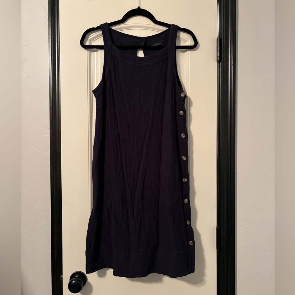 100% Cotton A-Line Navy Dress Size Medium With Button Side Detail